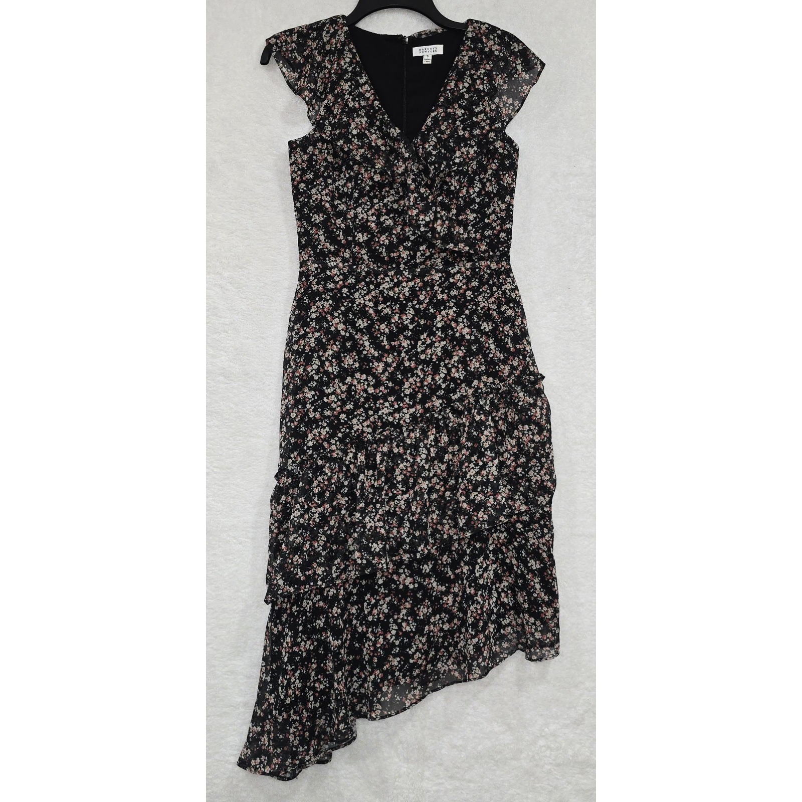 Barneys New York Women Chiffon Floral Asymmetrical Midi Dress Size Small Ruffled